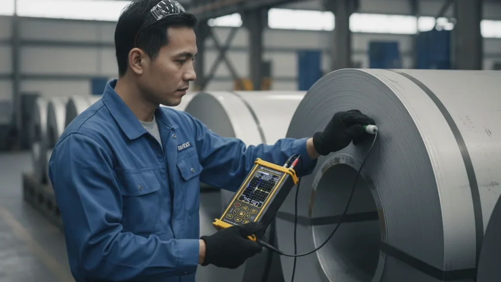 Alat Pengukur Ketebalan Ultrasonik NOVOTEST UT-2A - perangkat digital dengan layar dan probe ultrasonik untuk pemetaan ketebalan non-destruktif pada coil baja.
