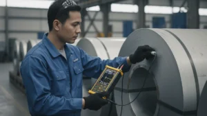 Alat Pengukur Ketebalan Ultrasonik NOVOTEST UT-2A - perangkat digital dengan layar dan probe ultrasonik untuk pemetaan ketebalan non-destruktif pada coil baja.