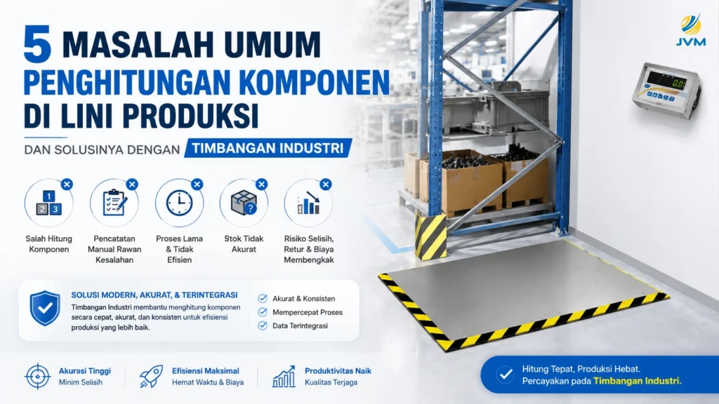 Feature image artikel tentang 5 masalah umum penghitungan komponen di lini produksi, menampilkan timbangan industri lantai dengan indikator digital, area gudang produksi, ikon masalah hitung manual, stok tidak akurat, dan solusi penghitungan komponen yang lebih cepat serta terintegrasi.