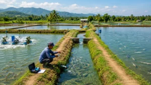 Petambak memeriksa kualitas air di area tambak ikan dan udang dengan aerator serta kolam budidaya yang tertata.