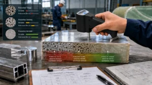 Pengukuran porositas dan kekerasan material menggunakan hardness tester portabel di area kerja industri.
