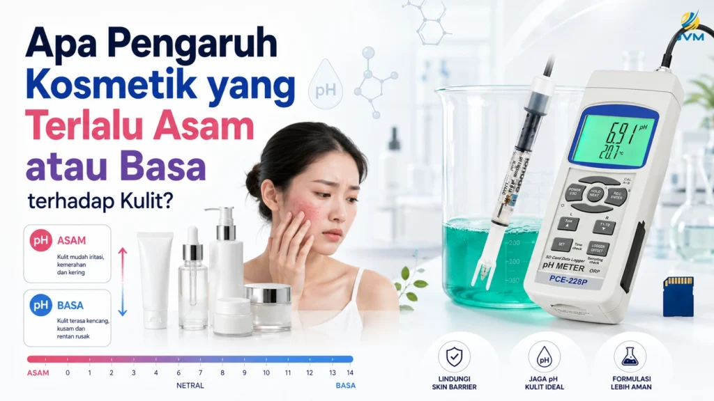 Feature image artikel tentang pengaruh kosmetik terlalu asam atau basa terhadap kulit, menampilkan pH meter PCE-228P, skincare, dan kulit wajah iritasi.