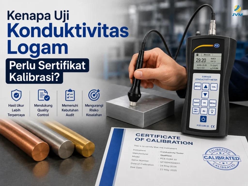 Alat uji konduktivitas logam PCE-COM 20 digunakan pada material logam dengan sertifikat kalibrasi.