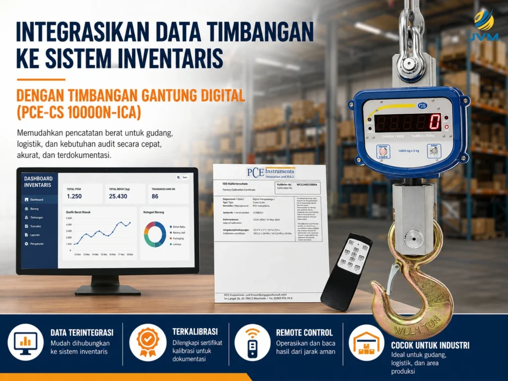 Timbangan gantung digital PCE-CS 10000N-ICA dengan sertifikat kalibrasi untuk integrasi data ke sistem inventaris.
