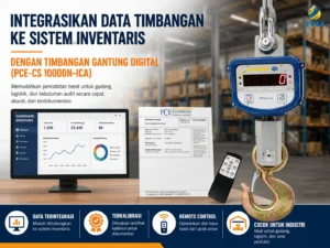 Timbangan gantung digital PCE-CS 10000N-ICA dengan sertifikat kalibrasi untuk integrasi data ke sistem inventaris.
