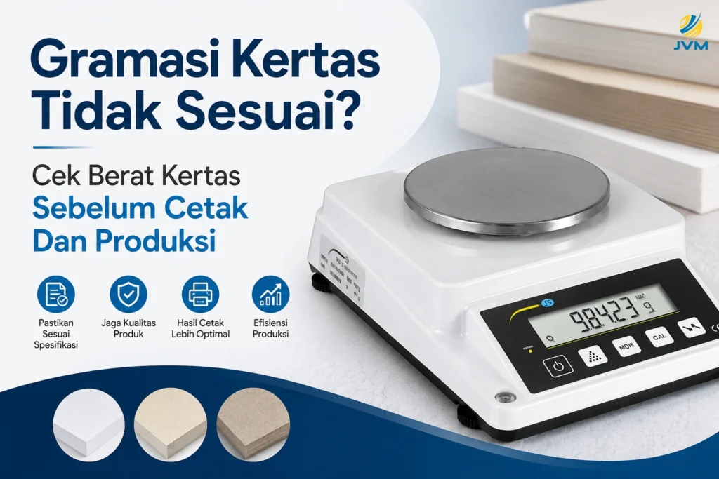 Timbangan digital untuk mengecek gramasi kertas sebelum proses cetak dan produksi.