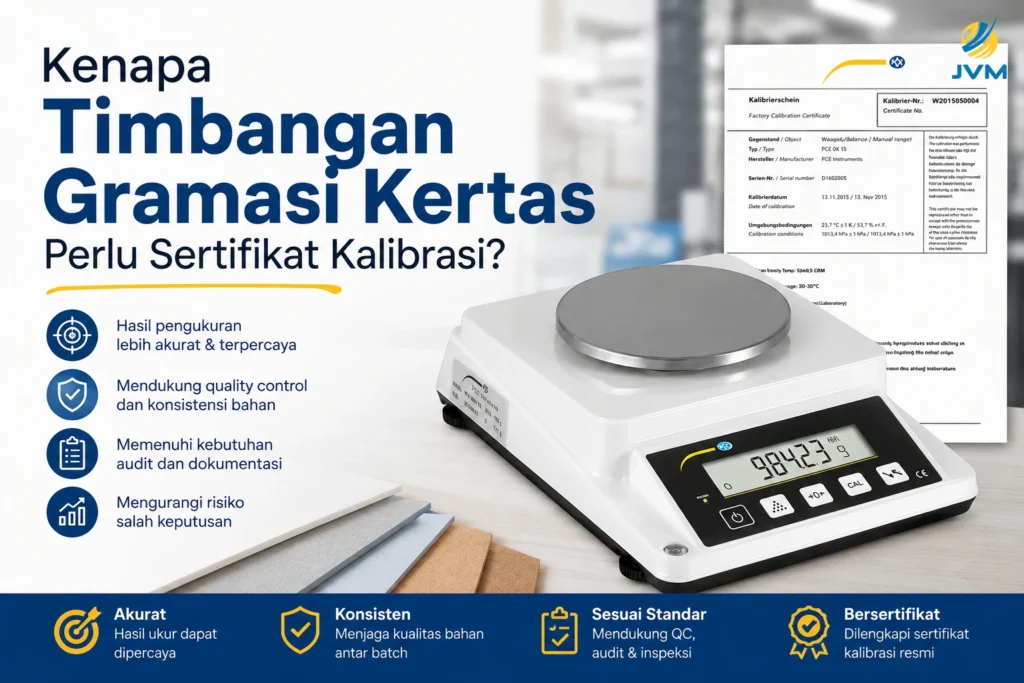 Timbangan gramasi kertas digital dengan sertifikat kalibrasi untuk mendukung pengukuran akurat, quality control, audit, dan dokumentasi bahan kertas.