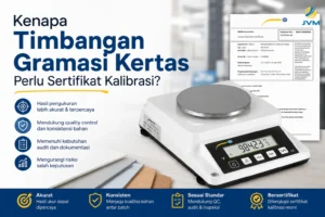 Timbangan gramasi kertas digital dengan sertifikat kalibrasi untuk mendukung pengukuran akurat, quality control, audit, dan dokumentasi bahan kertas.