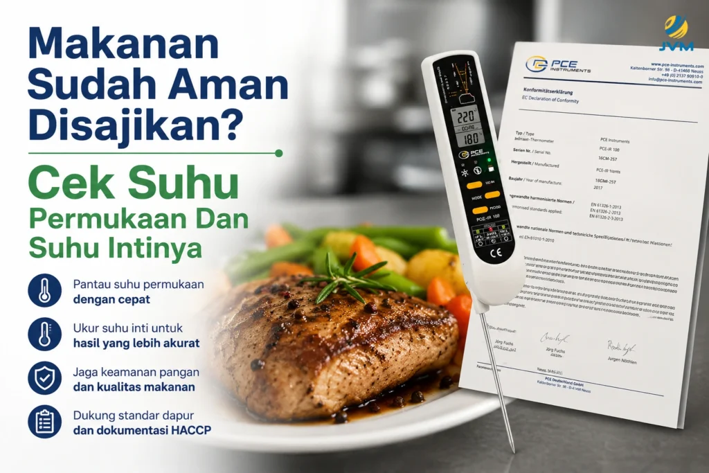 Food temperature meter PCE-IR 100-ICA untuk cek suhu permukaan dan suhu inti makanan sebelum disajikan.