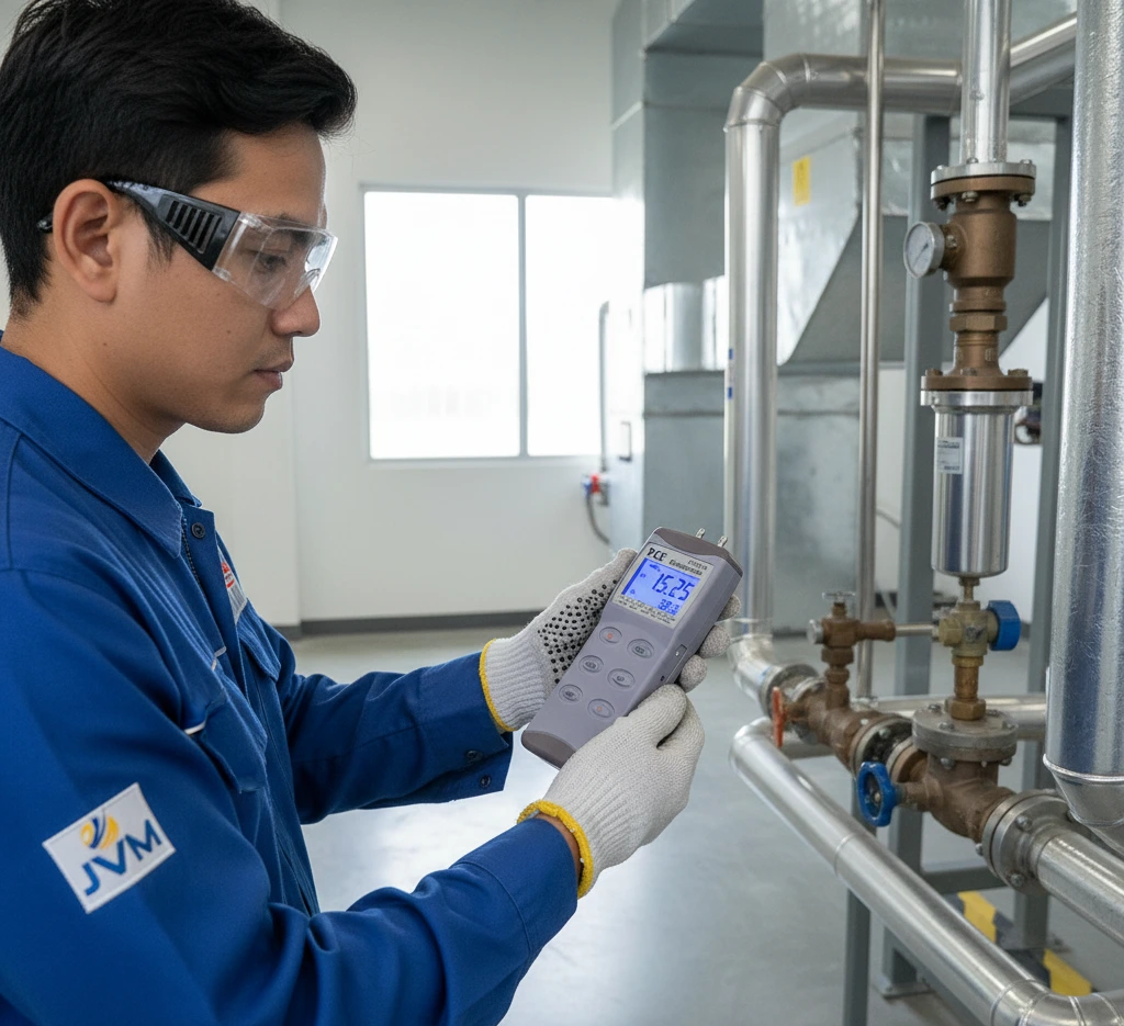 Teknisi industri Indonesia memegang Differential Pressure Manometer PCE-P30-ICA untuk mengukur tekanan diferensial pada sistem pneumatik atau HVAC.