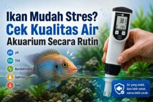 Ikan akuarium stres dengan alat ukur kualitas air untuk cek pH, TDS, salinitas, konduktivitas, dan suhu.