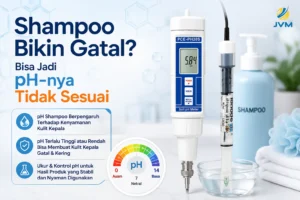Ilustrasi pH meter PCE-PH20P untuk mengukur pH shampoo, dengan latar produk perawatan rambut dan informasi bahwa pH shampoo dapat memengaruhi kenyamanan kulit kepala.