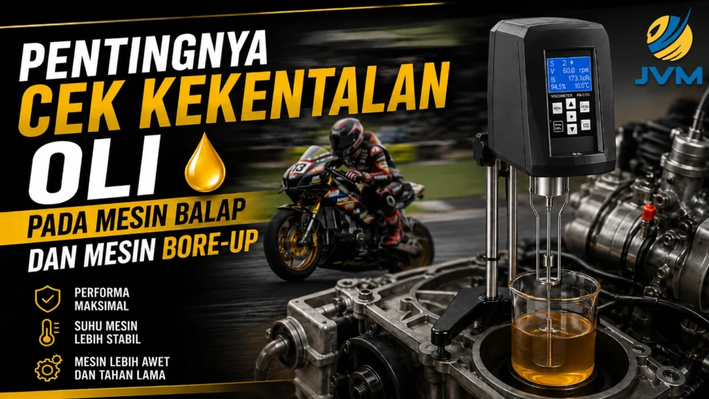 Ilustrasi viscometer PCE-RVI 2 untuk mengecek kekentalan oli mesin balap dan mesin bore-up, dilengkapi latar motor racing, komponen mesin, sampel oli