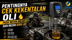 Ilustrasi viscometer PCE-RVI 2 untuk mengecek kekentalan oli mesin balap dan mesin bore-up, dilengkapi latar motor racing, komponen mesin, sampel oli