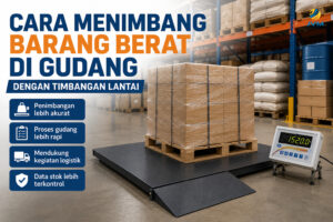 Ilustrasi pallet barang berat di atas timbangan lantai di gudang dengan display digital.
