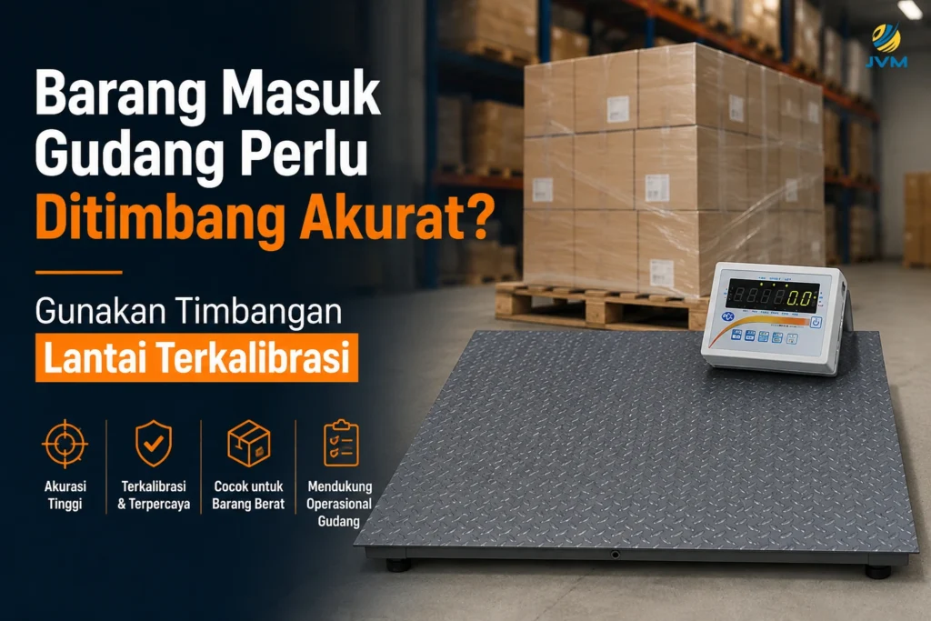 Timbangan lantai terkalibrasi untuk menimbang barang masuk gudang secara akurat.