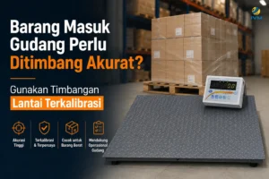 Timbangan lantai terkalibrasi untuk menimbang barang masuk gudang secara akurat.