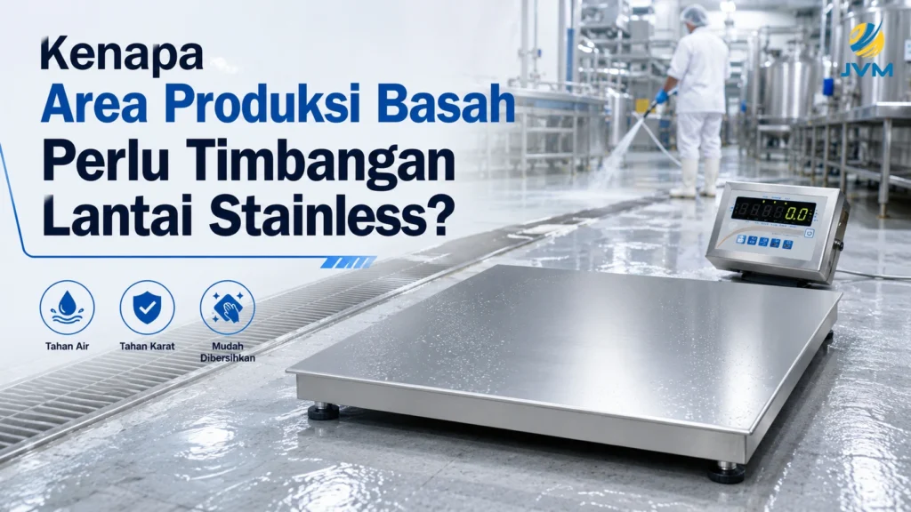 Timbangan lantai stainless untuk area produksi basah yang higienis, tahan air, tahan karat, dan mudah dibersihkan.