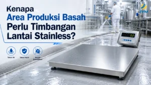Timbangan lantai stainless untuk area produksi basah yang higienis, tahan air, tahan karat, dan mudah dibersihkan.
