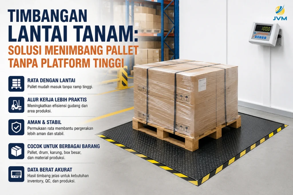 Timbangan lantai tanam rata dengan lantai untuk menimbang pallet barang di gudang tanpa platform tinggi.