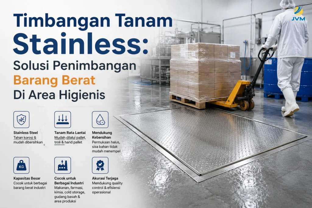 Timbangan tanam stainless rata lantai untuk menimbang pallet barang berat di area produksi higienis.