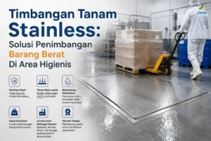 Timbangan tanam stainless rata lantai untuk menimbang pallet barang berat di area produksi higienis.