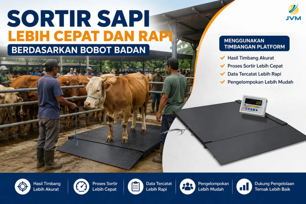 Petugas menyortir sapi berdasarkan bobot badan menggunakan timbangan platform di area peternakan.