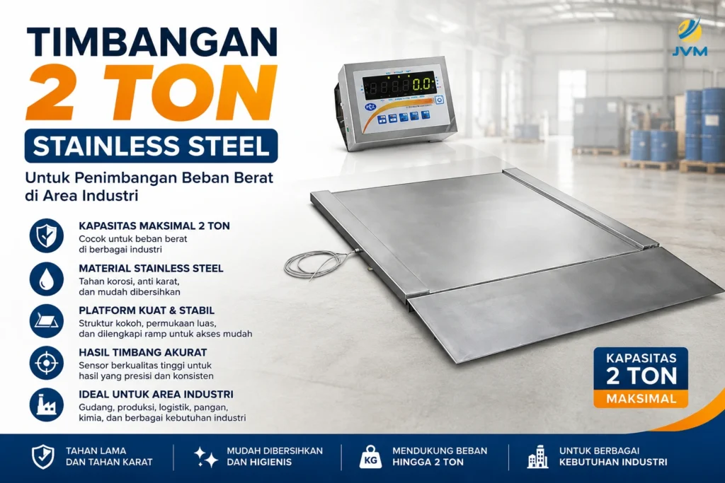 Timbangan 2 ton stainless steel untuk penimbangan beban berat di area industri.