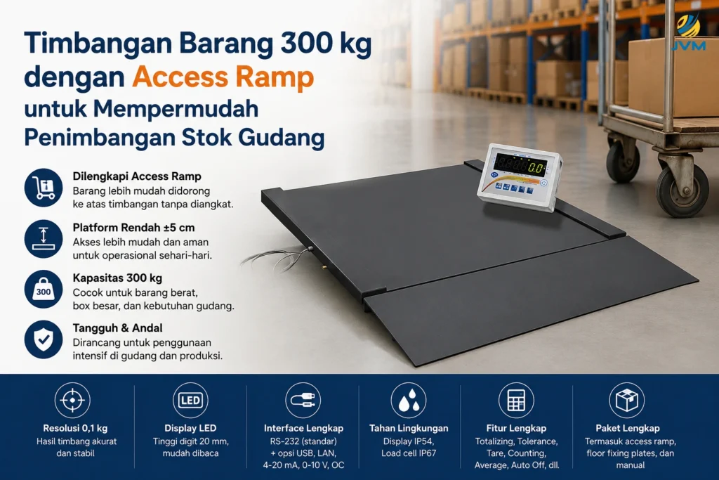 Timbangan barang PCE-SD 300 berkapasitas 300 kg dengan access ramp untuk mempermudah penimbangan stok gudang dan barang berat.