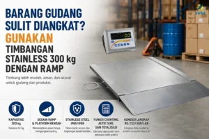Timbangan stainless steel kapasitas 300 kg dengan ramp untuk menimbang barang gudang berat tanpa perlu diangkat.