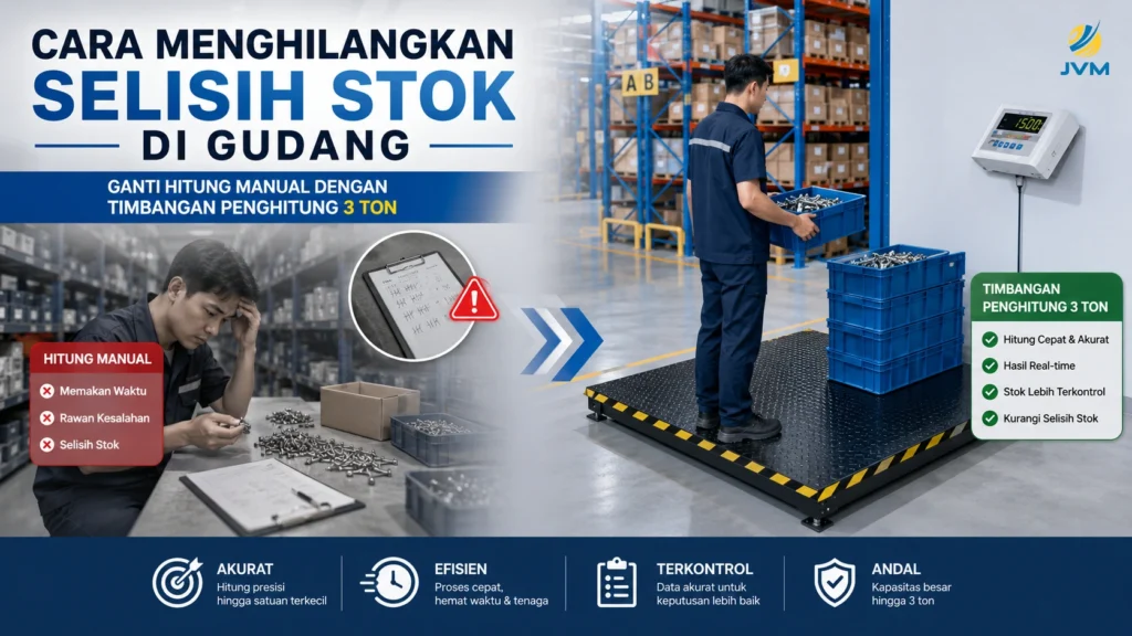 timbangan penghitung 3 ton untuk mengurangi selisih stok gudang akibat hitung manual.
