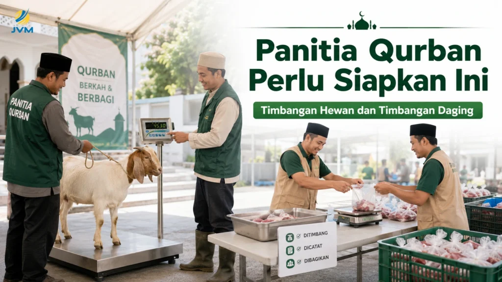 Panitia qurban menimbang hewan dan paket daging untuk pembagian yang lebih rapi dan merata.