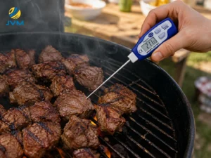 Termometer digital tusuk digunakan untuk mengecek suhu potongan daging barbeque yang sedang dipanggang di atas grill berasap.