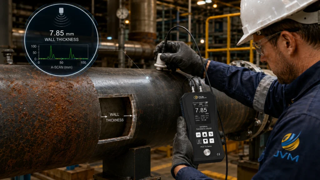 Teknisi JVM mengukur ketebalan pipa besi berkarat menggunakan ultrasonic material thickness meter untuk mencegah korosi dan kebocoran