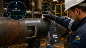 Teknisi JVM mengukur ketebalan pipa besi berkarat menggunakan ultrasonic material thickness meter untuk mencegah korosi dan kebocoran