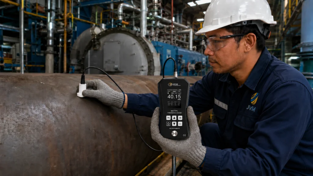 Teknisi memakai helm keselamatan dan kacamata pelindung sedang mengukur ketebalan pipa industri menggunakan alat thickness gauge di area pabrik.