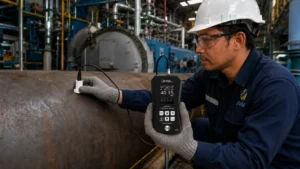 Teknisi memakai helm keselamatan dan kacamata pelindung sedang mengukur ketebalan pipa industri menggunakan alat thickness gauge di area pabrik.