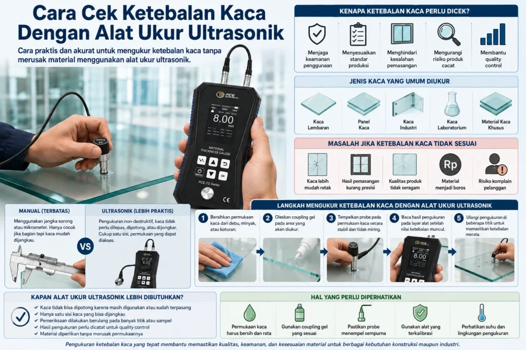 Infografik cara cek ketebalan kaca menggunakan alat ukur ultrasonik, menampilkan ultrasonic thickness gauge, probe sensor, panel kaca, serta langkah pengukuran dengan coupling gel.