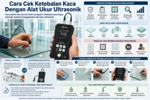 Infografik cara cek ketebalan kaca menggunakan alat ukur ultrasonik, menampilkan ultrasonic thickness gauge, probe sensor, panel kaca, serta langkah pengukuran dengan coupling gel.