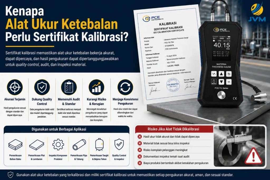 Infografis alat ukur ketebalan material PCE-TG 75A-ICA dengan sertifikat kalibrasi, menampilkan manfaat kalibrasi untuk akurasi pengukuran, quality control, audit, konsistensi, dan pengurangan risiko inspeksi industri.