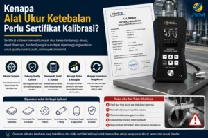 Infografis alat ukur ketebalan material PCE-TG 75A-ICA dengan sertifikat kalibrasi, menampilkan manfaat kalibrasi untuk akurasi pengukuran, quality control, audit, konsistensi, dan pengurangan risiko inspeksi industri.