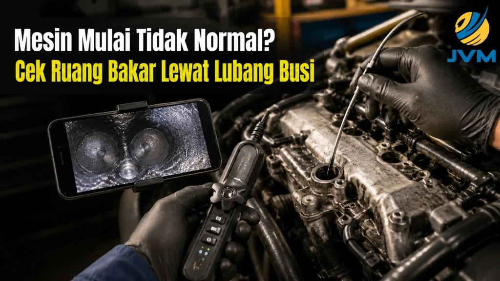 Kamera inspeksi WiFi PCE-VE 500N digunakan untuk cek ruang bakar mesin lewat lubang busi dengan logo JVM di pojok kanan atas.