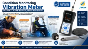 Poster promosi Condition Monitoring Vibration Meter PCE-VM 31-HAWB untuk pemantauan getaran hand-arm dan whole-body. Gambar menampilkan pekerja menggunakan gerinda, operator forklift, perangkat vibration meter, sensor, fitur tri-axial X-Y-Z, standar ISO 5349 dan ISO 2631, serta logo JVM di pojok kanan atas.