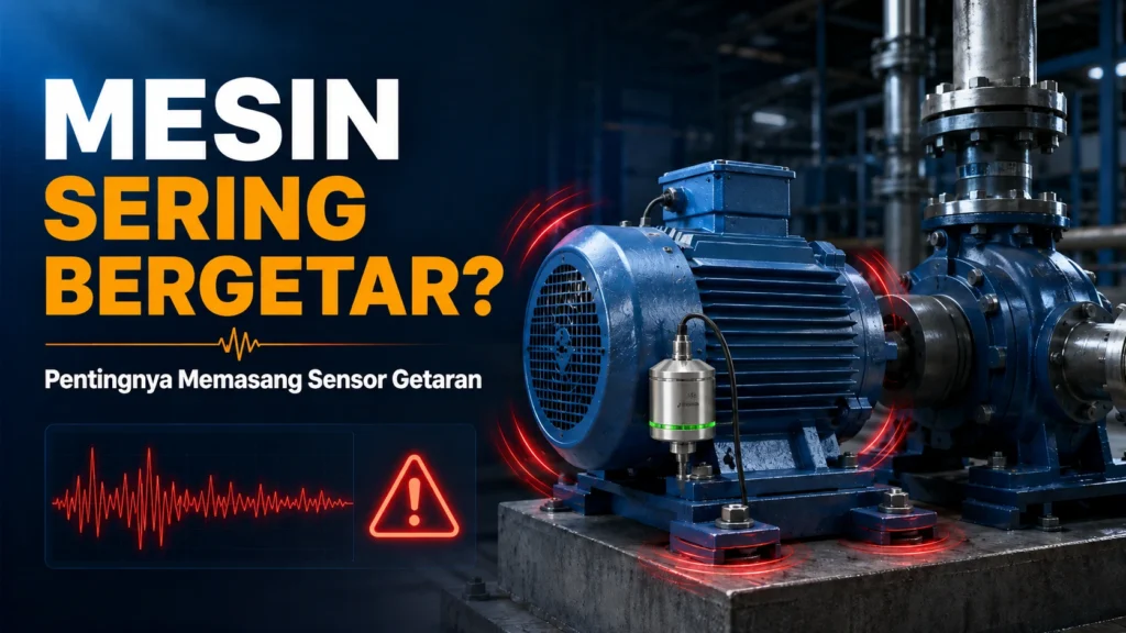 Mesin industri bergetar dengan sensor getaran PCE-VS10 untuk monitoring kondisi mesin dan mencegah kerusakan.