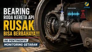 Bearing roda kereta api rusak dengan sensor monitoring getaran untuk deteksi dini kerusakan axle.