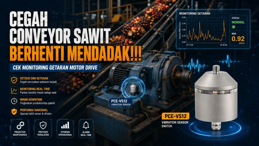 Ilustrasi promosi sensor getaran PCE-VS12 untuk monitoring motor drive conveyor sawit, menampilkan mesin conveyor, grafik getaran real-time, dan pesan pencegahan berhenti mendadak.