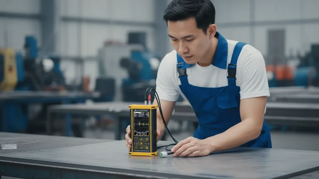 Alat Pengukur Ketebalan Ultrasonik NOVOTEST UT-2A - Perangkat genggam dengan layar digital dan probe untuk deteksi laminasi baja.