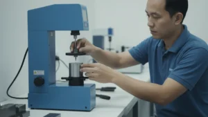 Alat Penguji Kekerasan Rockwell NOVOTEST TS-R-C - tampilan alat uji kekerasan dengan komponen silindris dan koreksi kurvatur sesuai ASTM E18