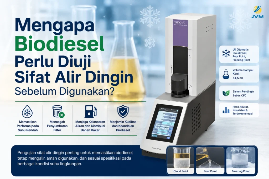 alat Tanaka MPC-6 Automatic Pour / Cloud / Freezing Point Tester untuk pengujian sifat alir dingin biodiesel dengan latar laboratorium dan ilustrasi suhu dingin. Terdapat judul “Mengapa Biodiesel Perlu Diuji Sifat Alir Dingin Sebelum Digunakan?” serta informasi mengenai cloud point, pour point, dan freezing point.