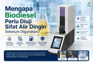 alat Tanaka MPC-6 Automatic Pour / Cloud / Freezing Point Tester untuk pengujian sifat alir dingin biodiesel dengan latar laboratorium dan ilustrasi suhu dingin. Terdapat judul “Mengapa Biodiesel Perlu Diuji Sifat Alir Dingin Sebelum Digunakan?” serta informasi mengenai cloud point, pour point, dan freezing point.